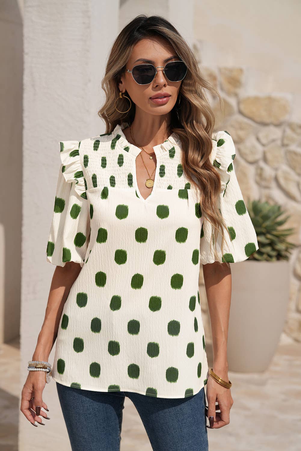 Pink Pop Dot Ruffle Sleeve Top