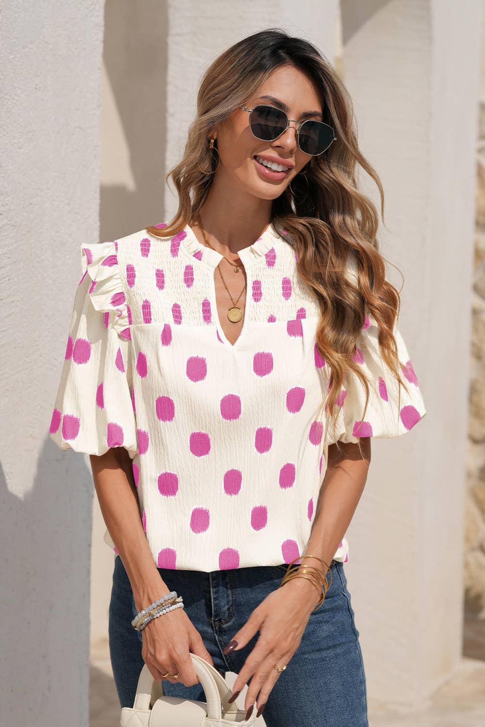 Pink Pop Dot Ruffle Sleeve Top