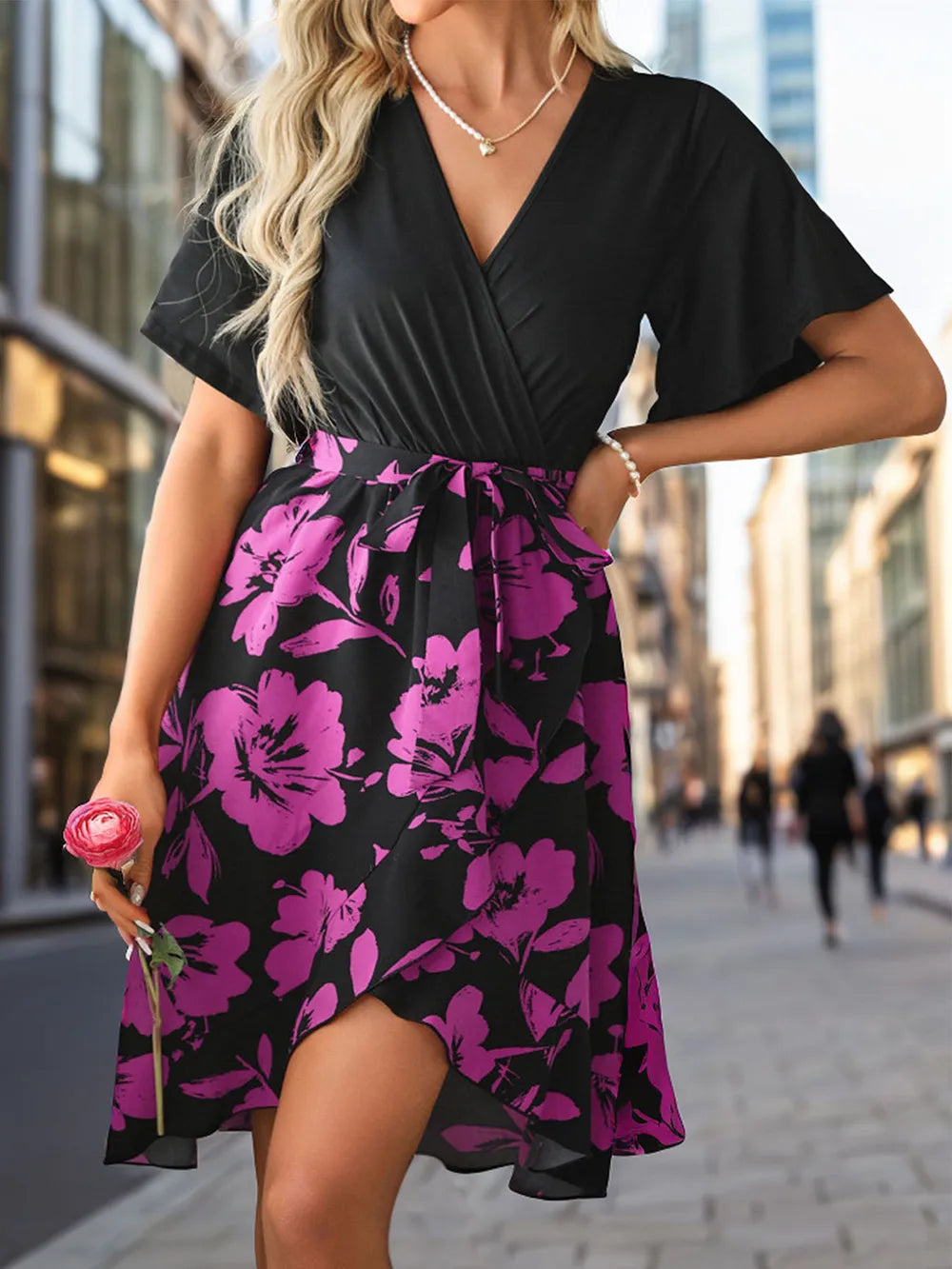 Tied Printed Surplice Shirt Sleeve Dress 4