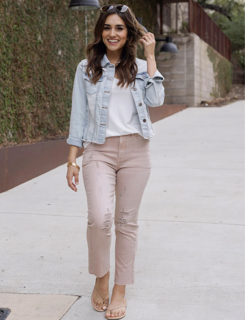 Distressed Cropped Straight Leg Denim (Blush) 2