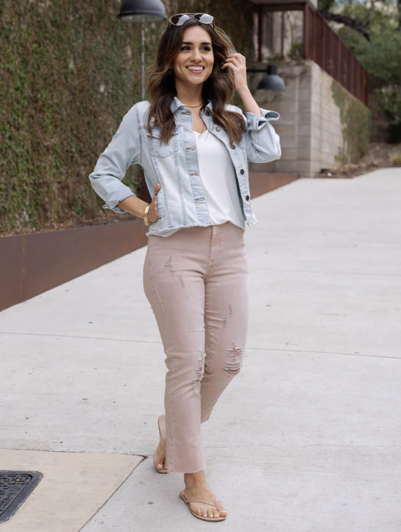 Distressed Cropped Straight Leg Denim (Blush) 3
