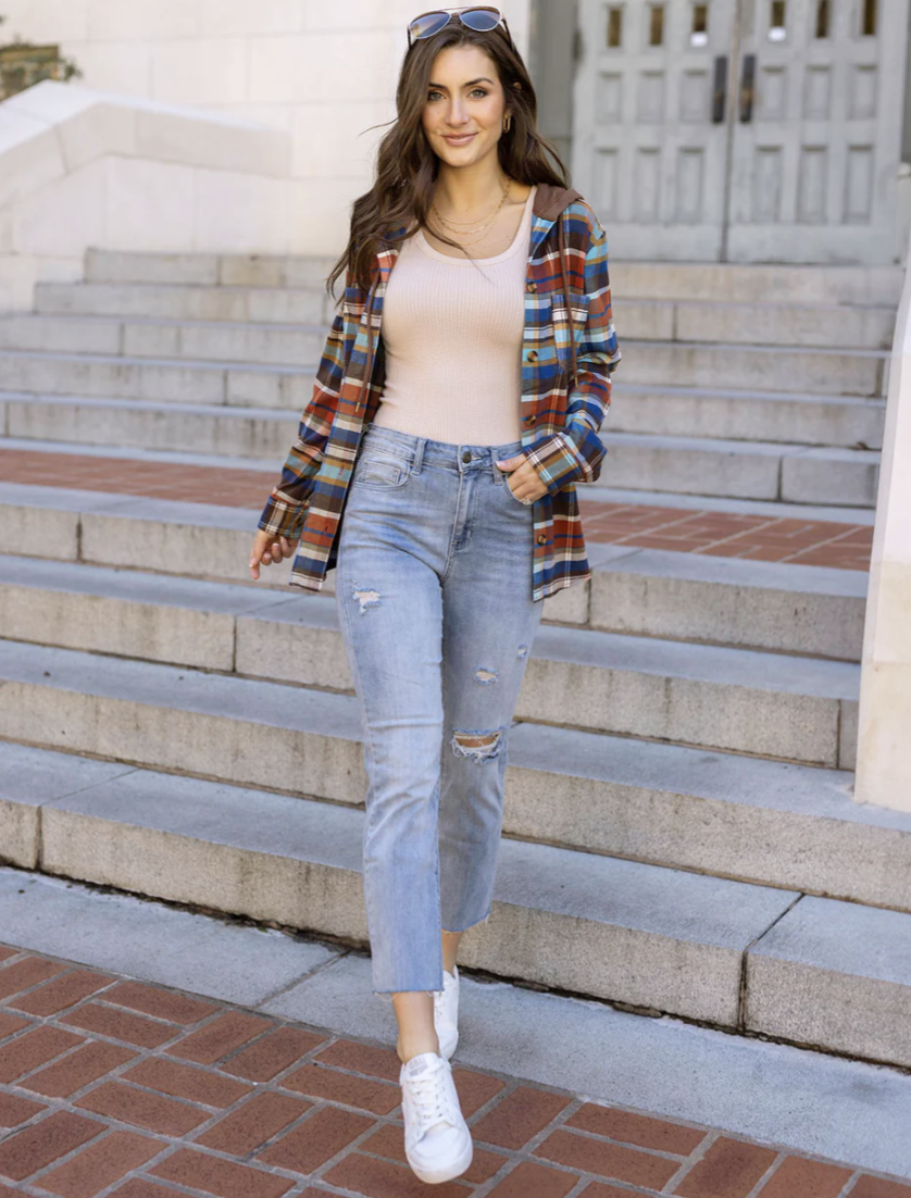 Distressed Straight Leg Cropped Denim (Light Mid-Wash) 2