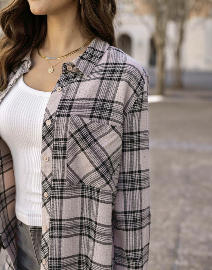 Button Up Top in Blush/Black Plaid 4