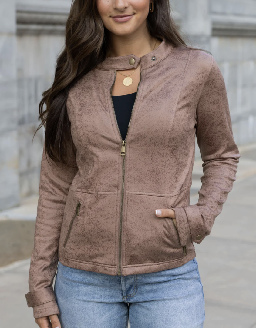 Leather Like Cafe Racer Jacket in Taupe