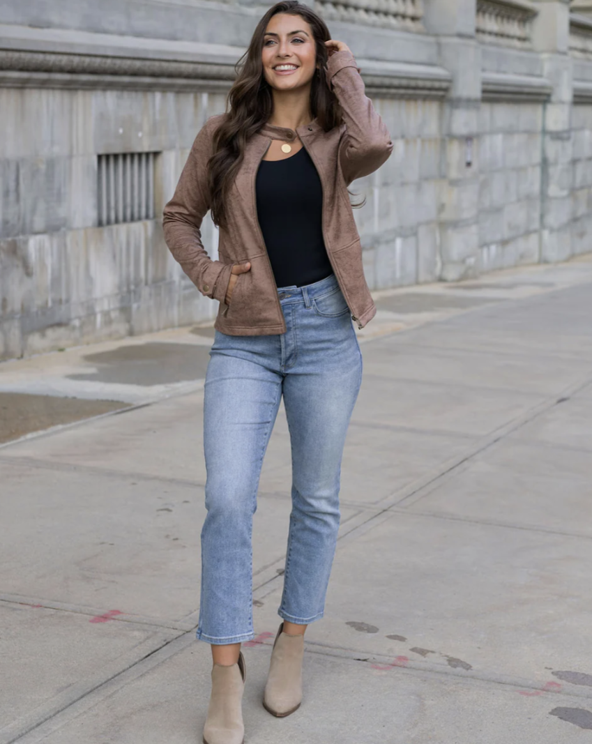 Leather Like Cafe Racer Jacket in Taupe 1