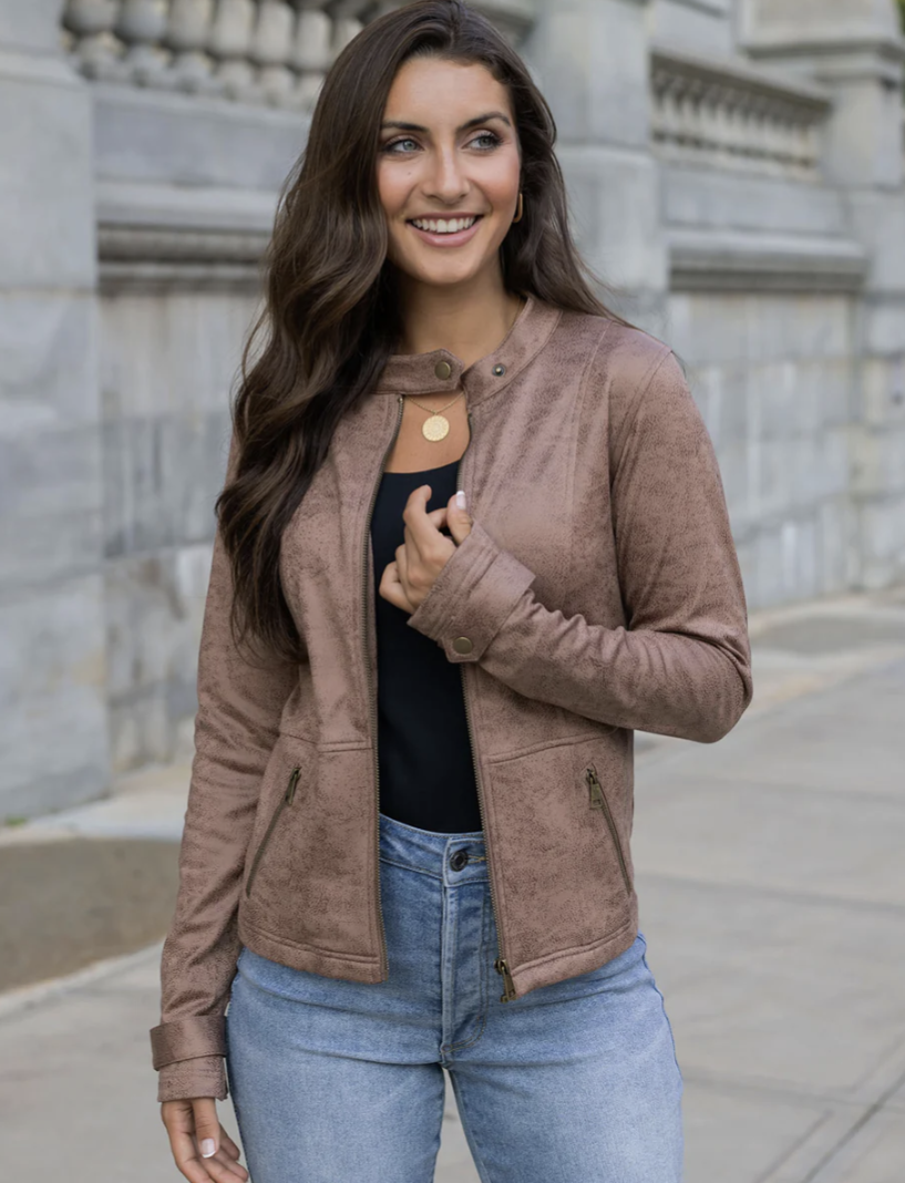 Leather Like Cafe Racer Jacket in Taupe 4