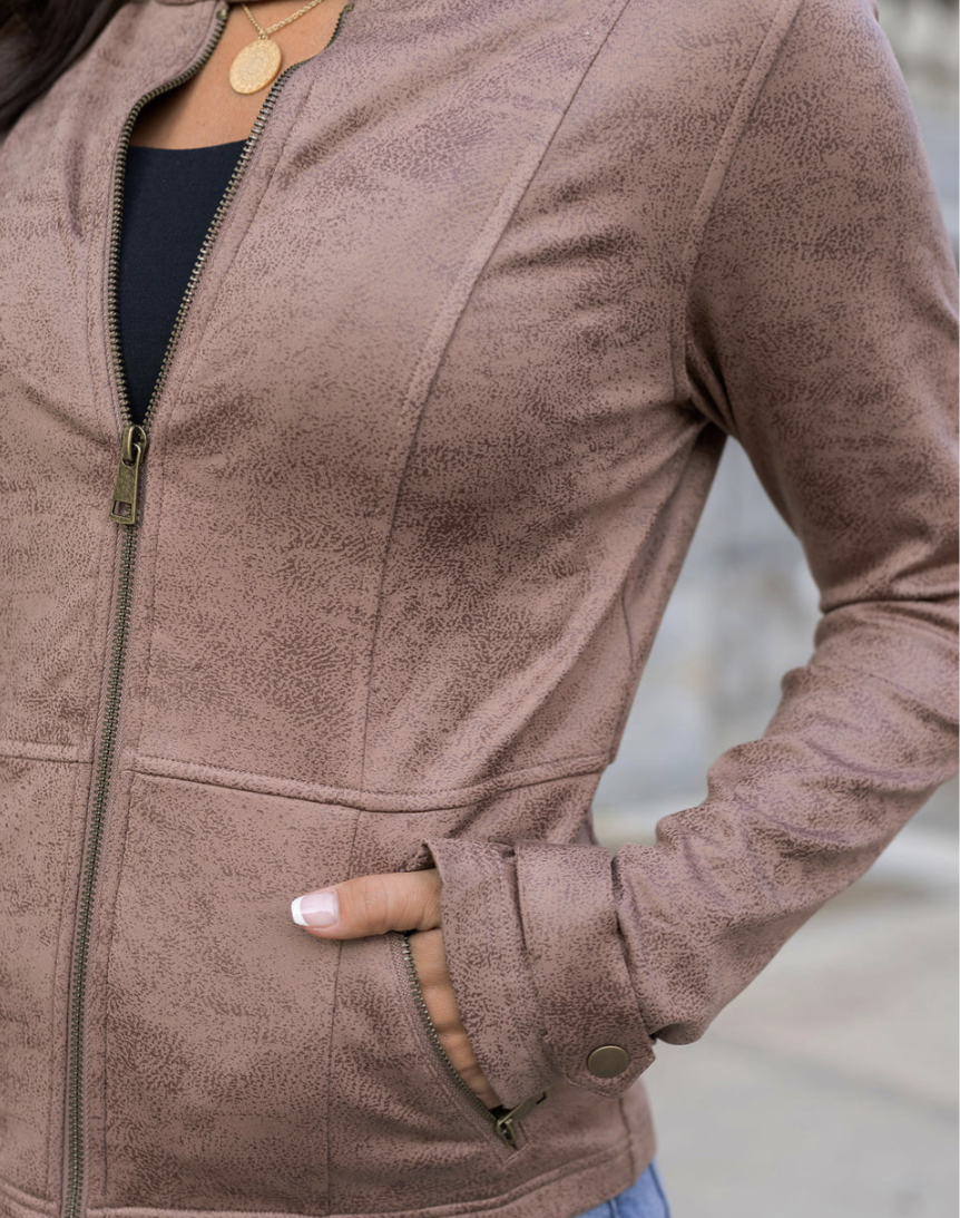 Leather Like Cafe Racer Jacket in Taupe 6