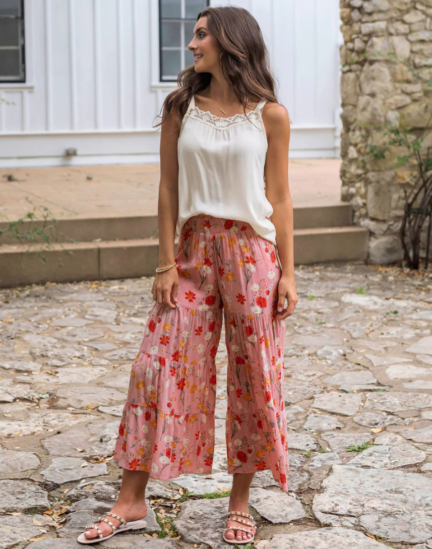 Pink Floral Ankle Length Maxi Skirt/Pant | Pink Flowy Pants