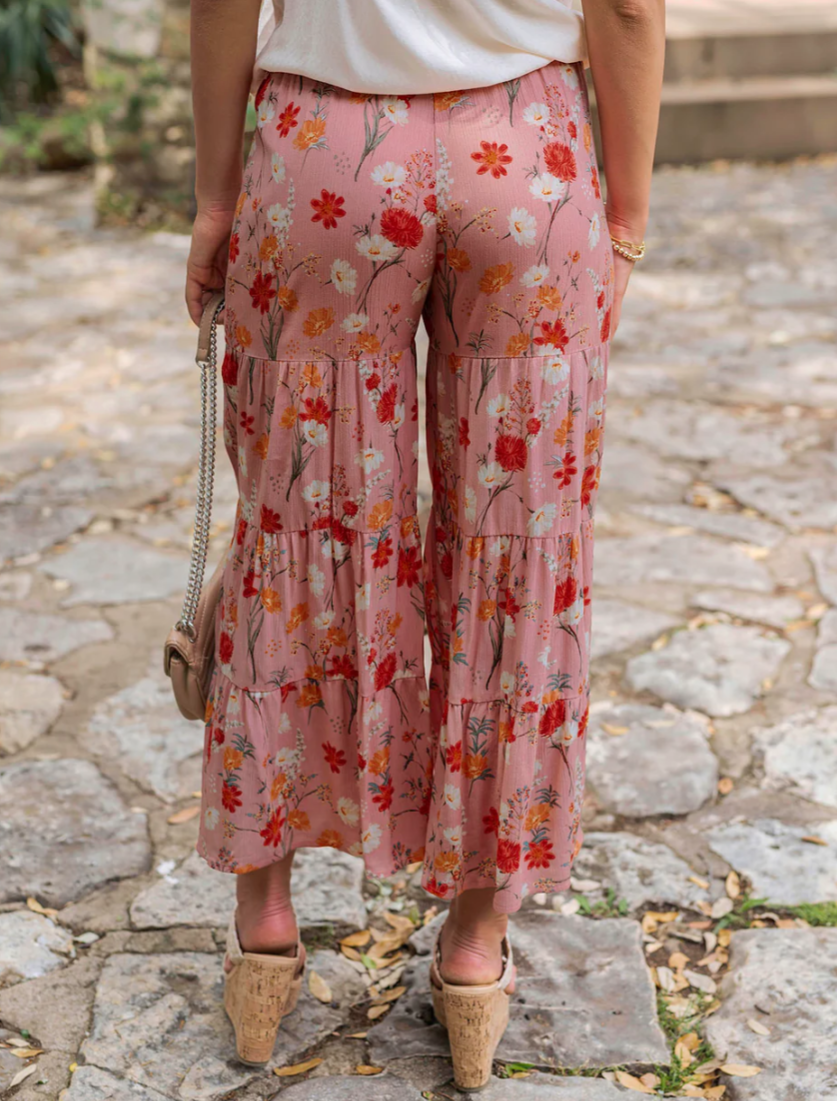 Pink Floral Ankle Length Maxi Skirt/Pant | Pink Flowy Pants
