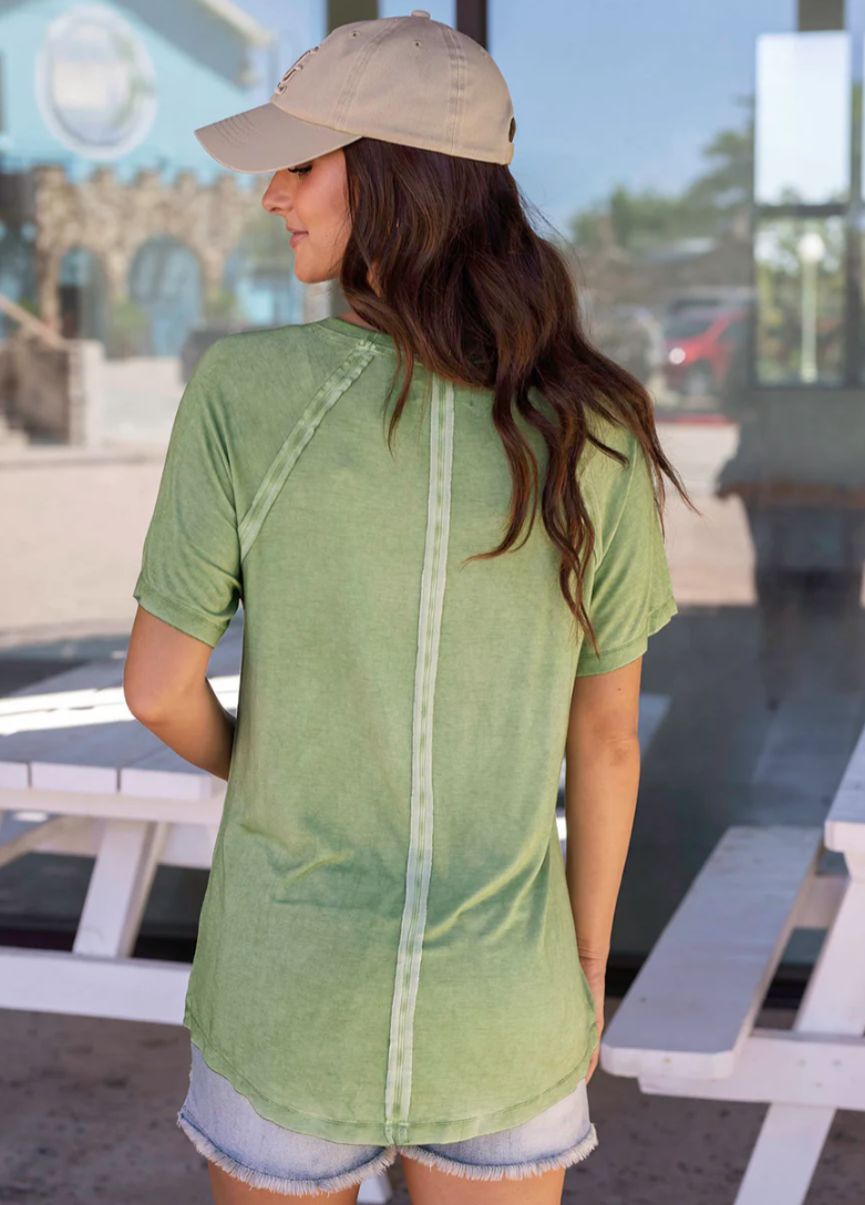 Mineral Washed Raglan Tee in Green Back Details