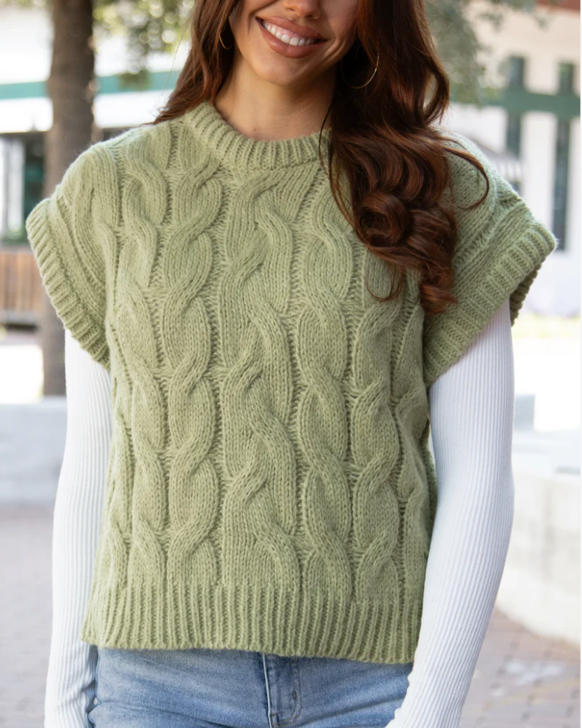 Cabled Knit Sweater Vest in Ivy