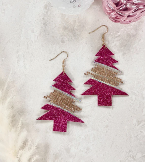 Most Wonderful Time Of The Year Fuchsia Glitter Tree Earrings