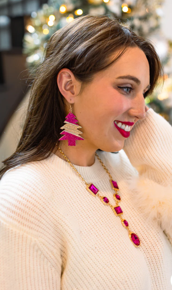 Most Wonderful Time Of The Year Fuchsia Glitter Tree Earrings