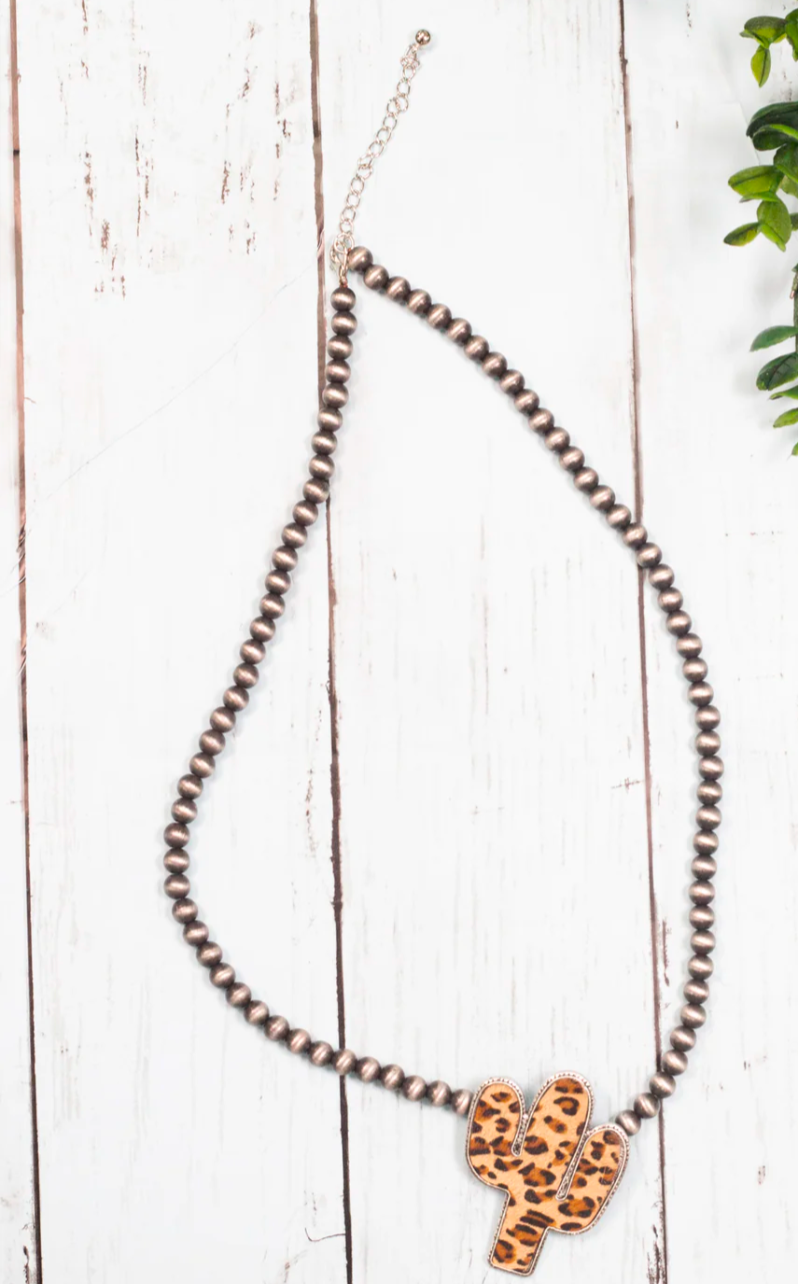 WANTED AND WILD LEOPARD CACTUS PENDANT ON NAVAJO PEARLS NECKLACE