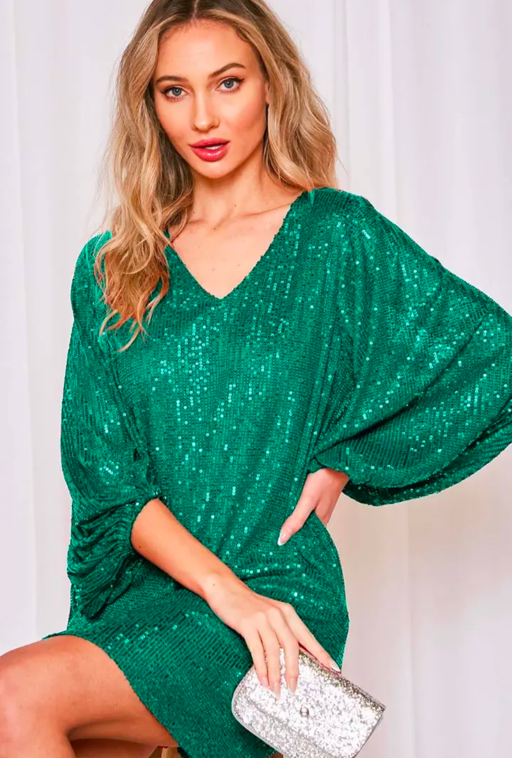 V-Neck Balloon Sleeves Sequin Detail Mini Dress Hunter Green / S V-Neck Balloon Sleeves Sequin Detail Mini Dress Hunter Green / S