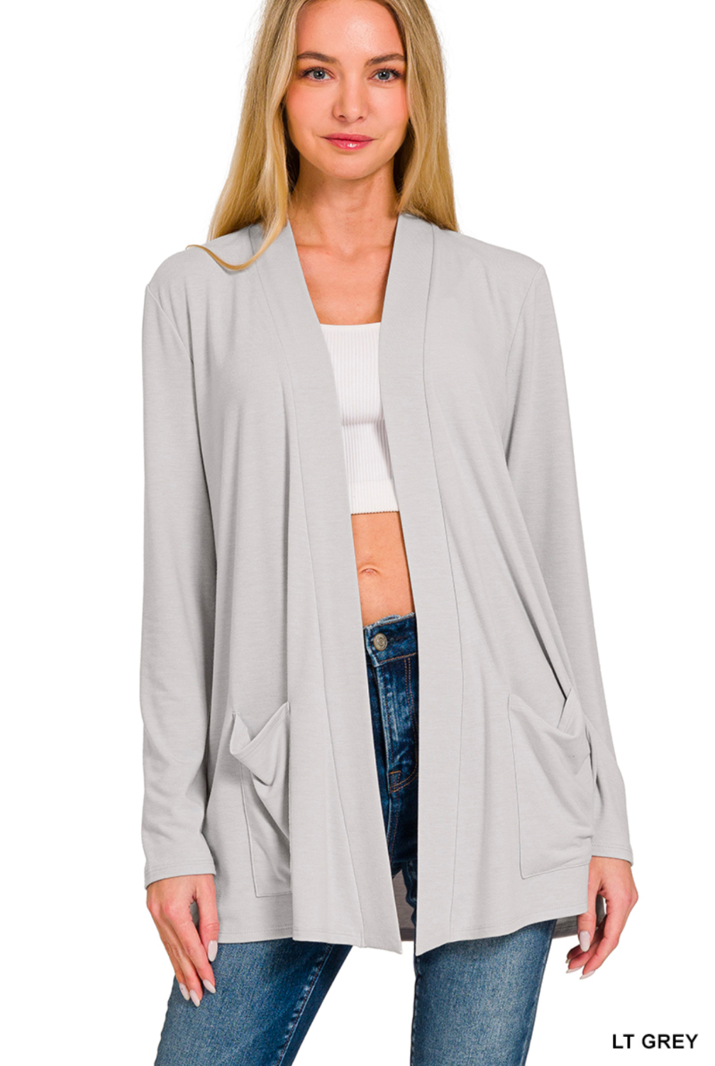 Slouchy lightweight open front pocket cardigan