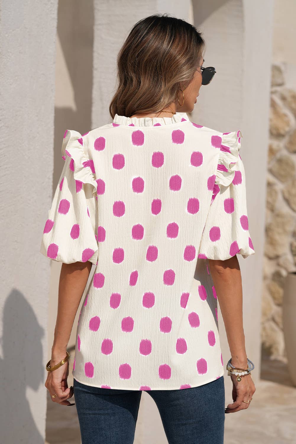 Pink Pop Dot Ruffle Sleeve Top