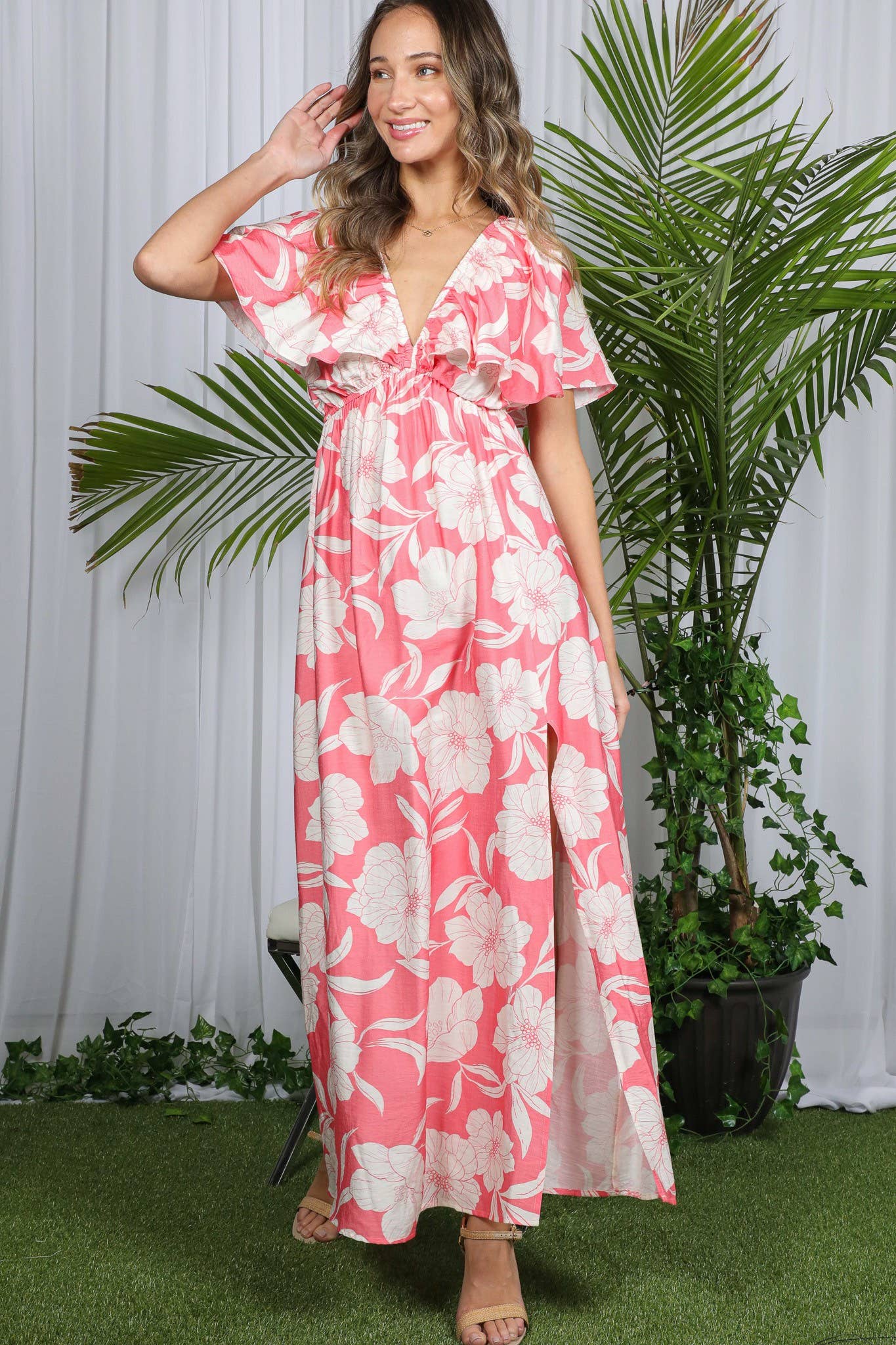 Floral Flutter Sleeve Slit Detail Maxi Dress