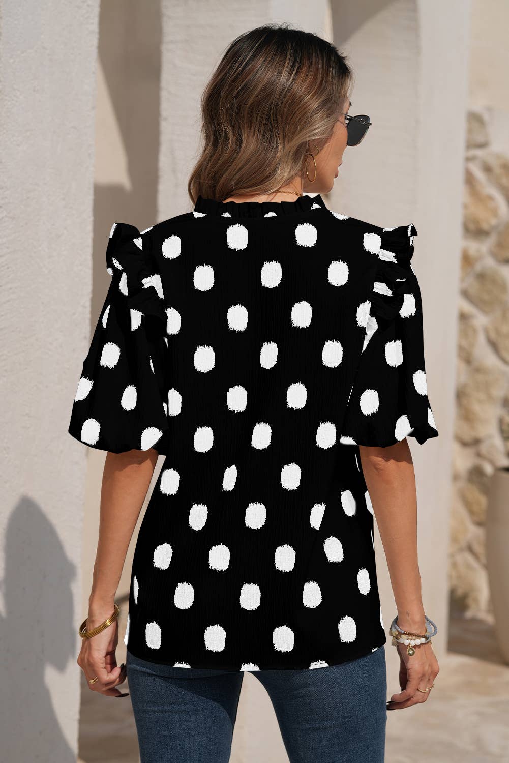 Pink Pop Dot Ruffle Sleeve Top