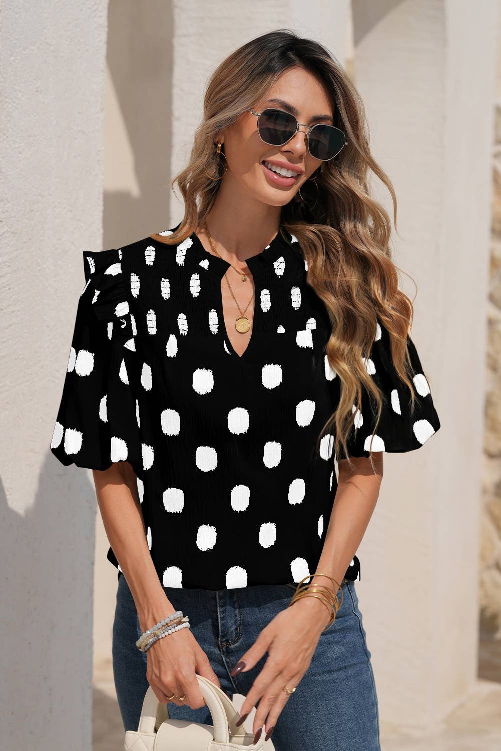 Pink Pop Dot Ruffle Sleeve Top