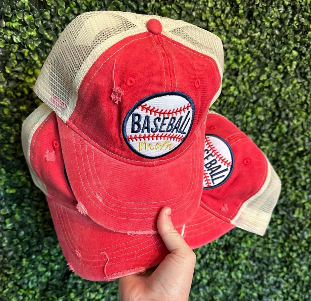 Distressed Baseball Mom Trucker Hat