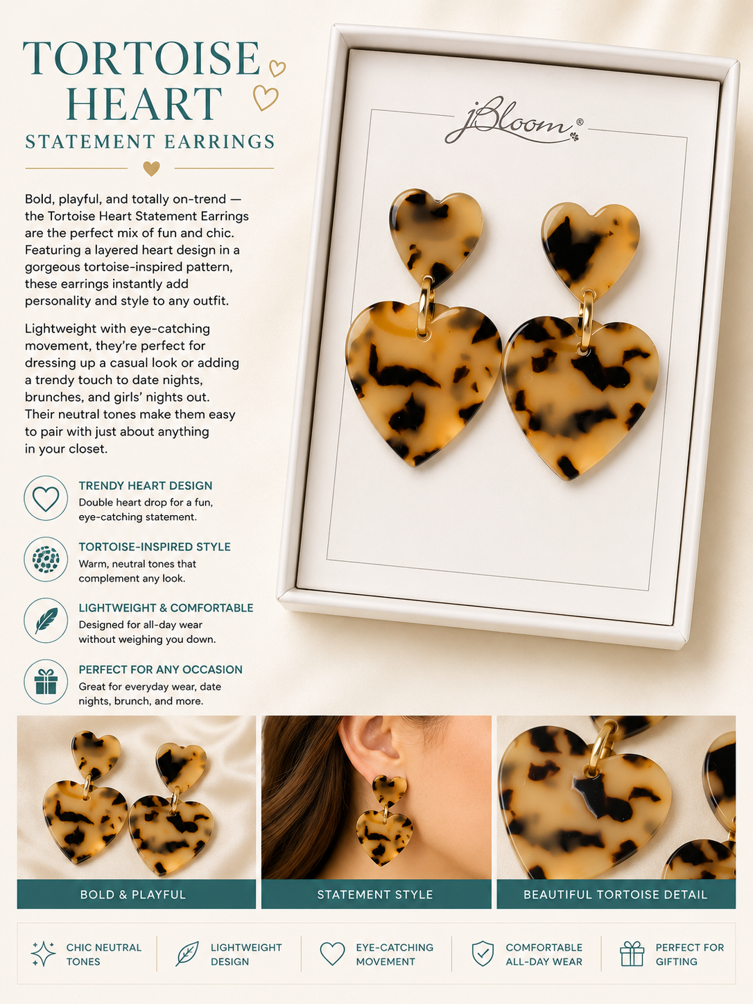 Tortoise Heart Statement Earrings