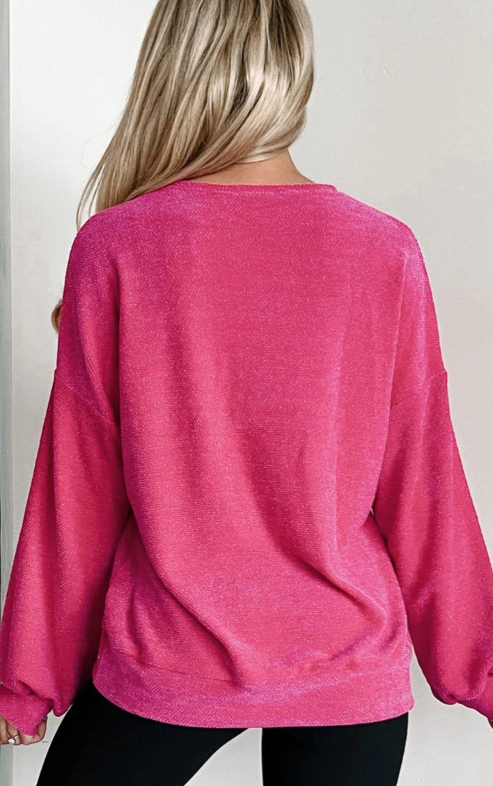 Rose Red V-Neck Long Sleeve Top