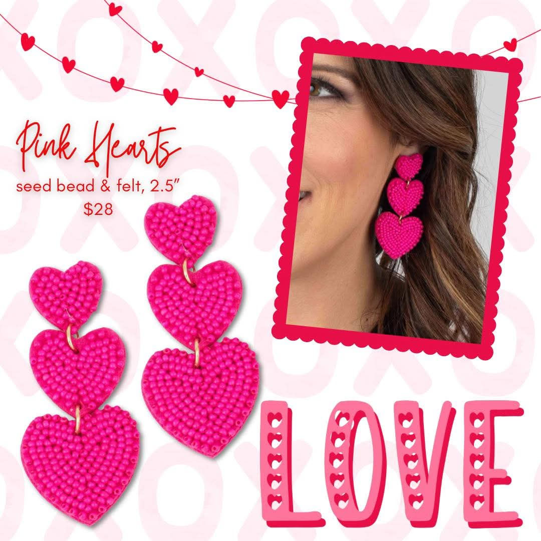 Pink Seed Bead Heart Earrings