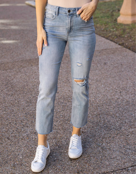 Distressed Straight Leg Cropped Denim in Light Mid-Wash