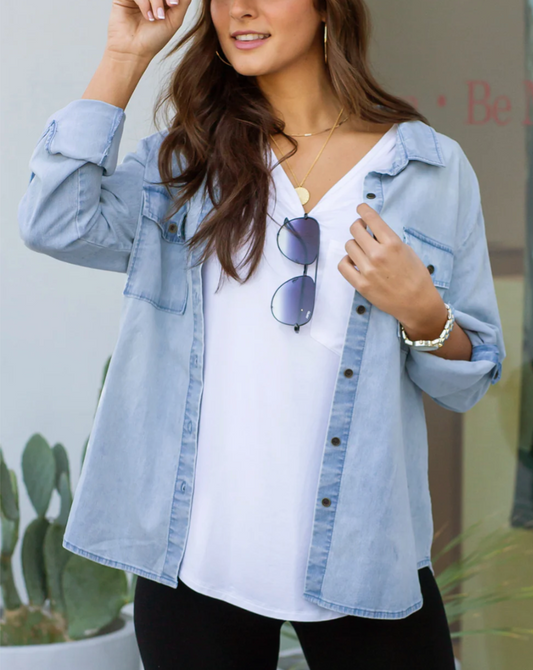 Stretch Chambray Button Top in Light-Wash