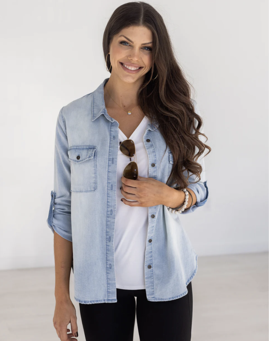 Stretch Chambray Button Top in Light-Wash 1