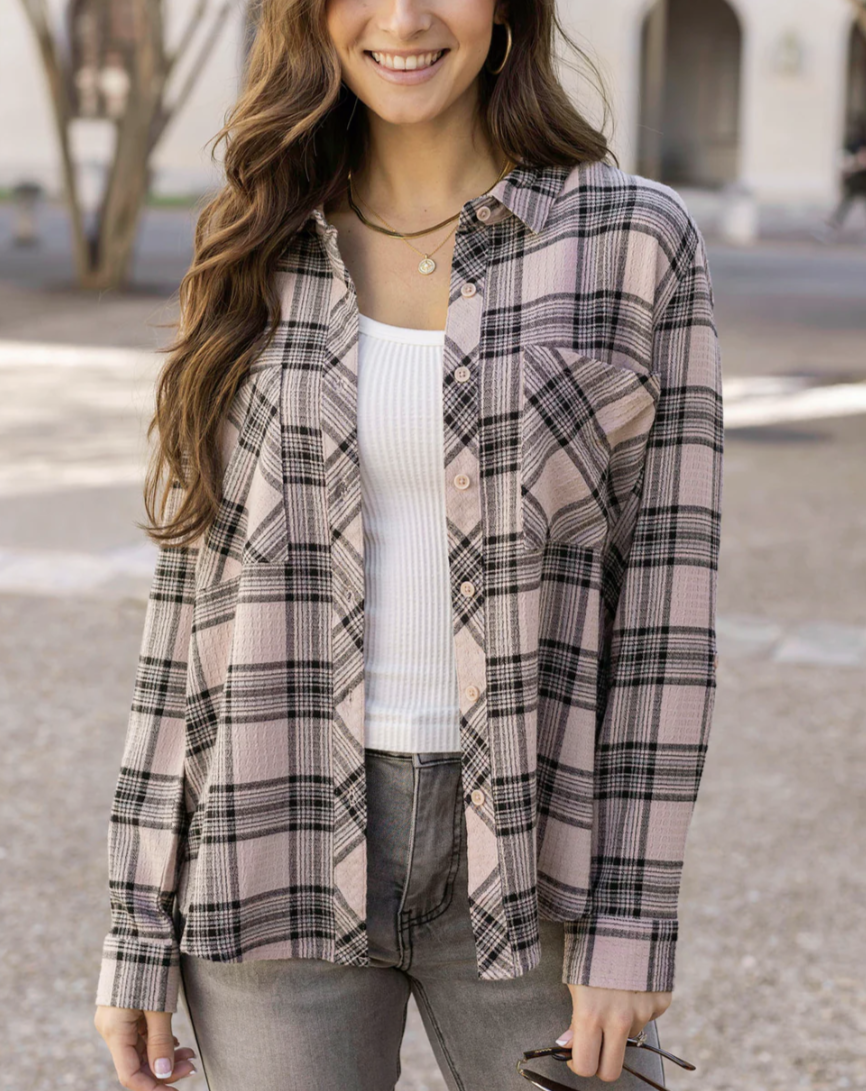 Button Up Top in Blush/Black Plaid