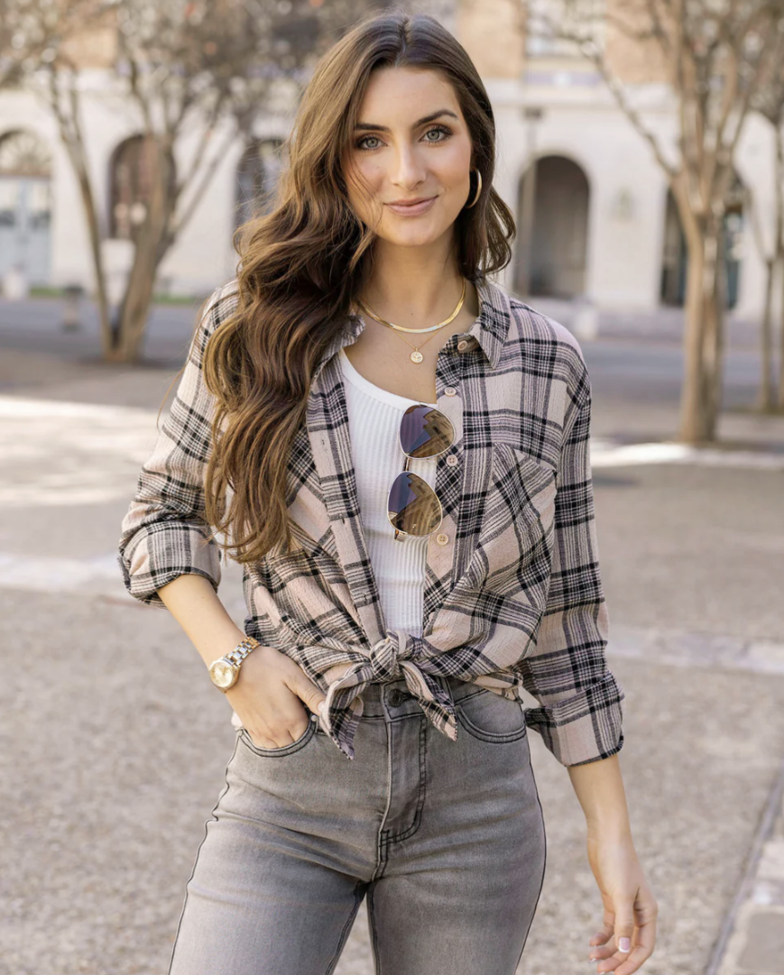 Button Up Top in Blush/Black Plaid