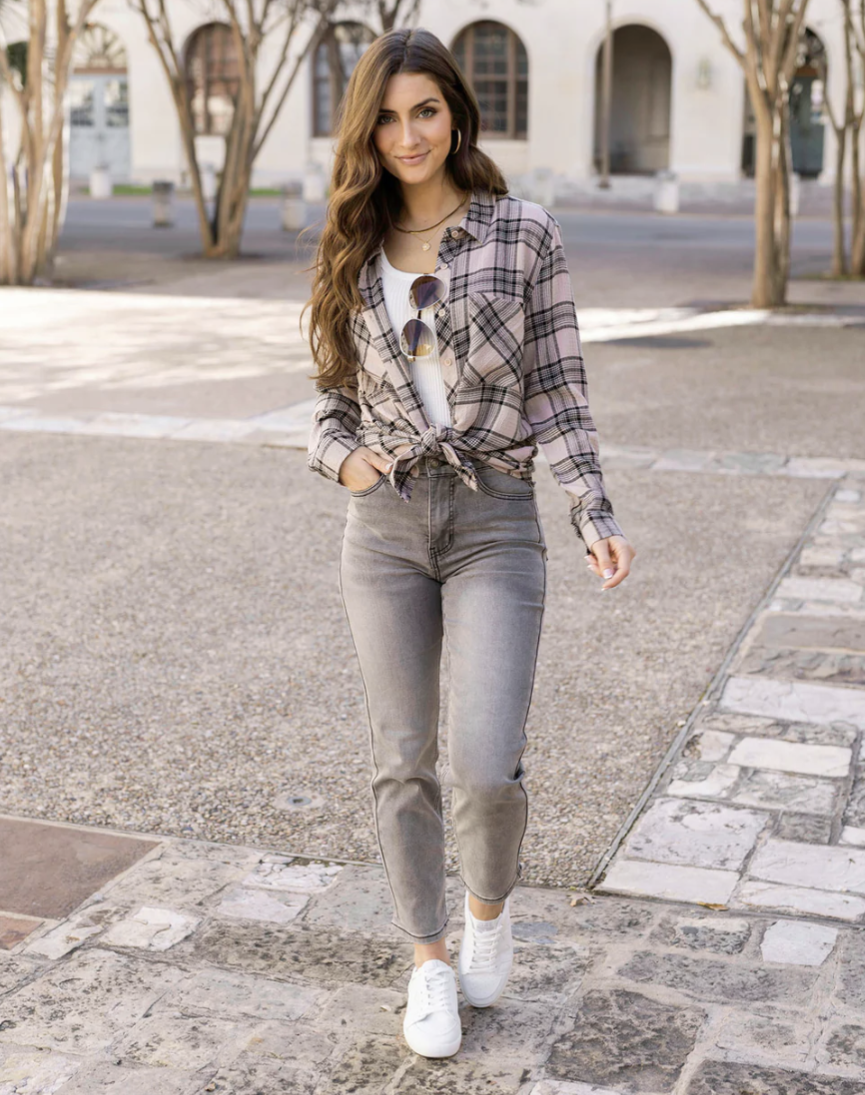 Button Up Top in Blush/Black Plaid