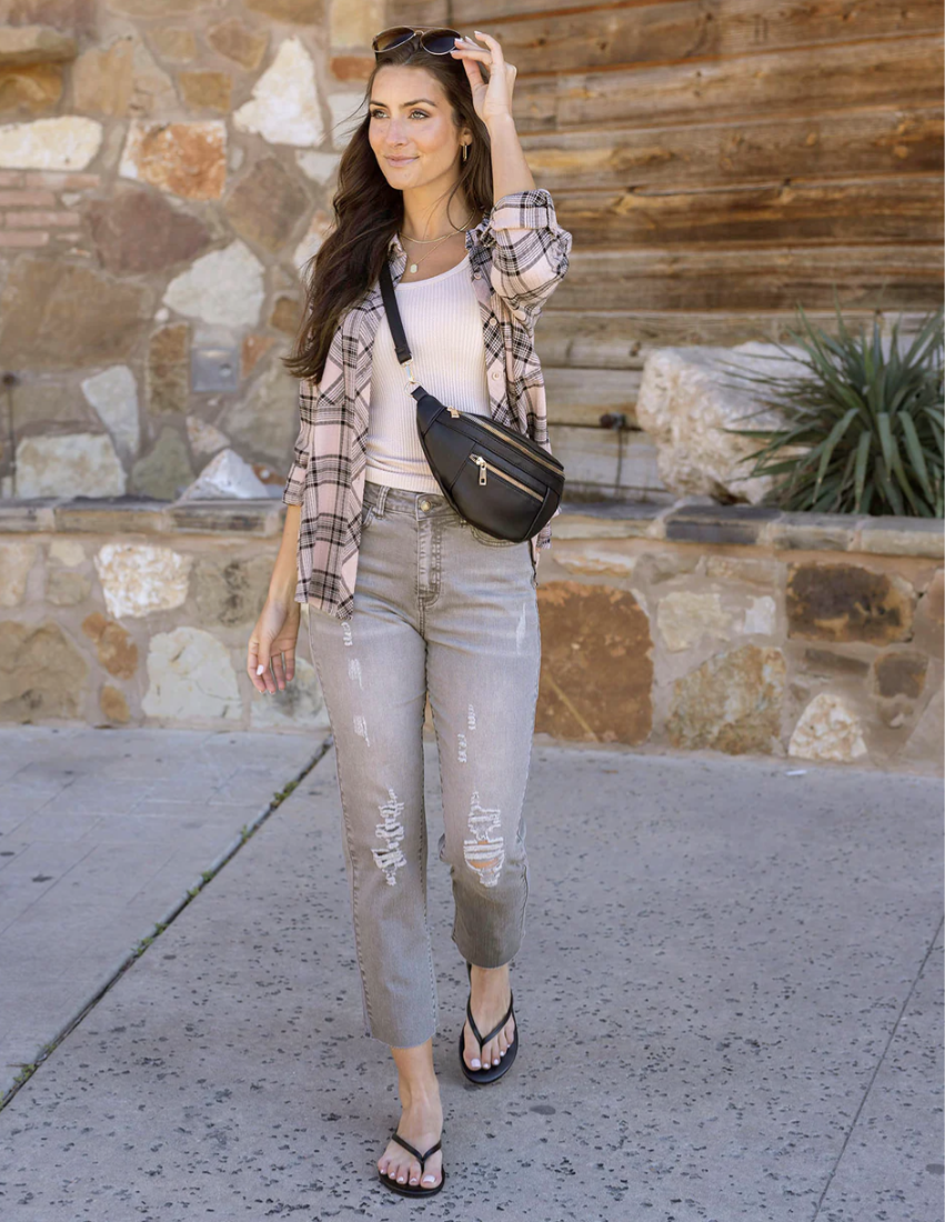 Distressed Cropped Straight Leg Colored Denim in Grey