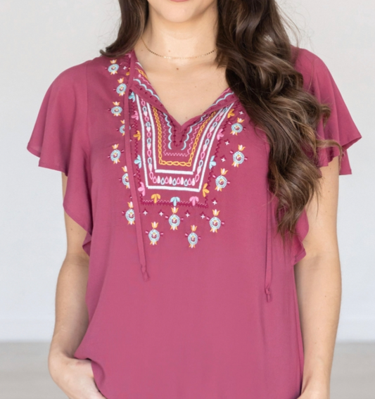 Ruffle Sleeve Embroidered Top