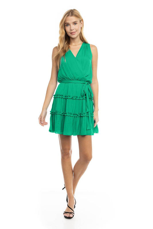 Sleeveless Mini Surplice Dress With Sash Tie Belt